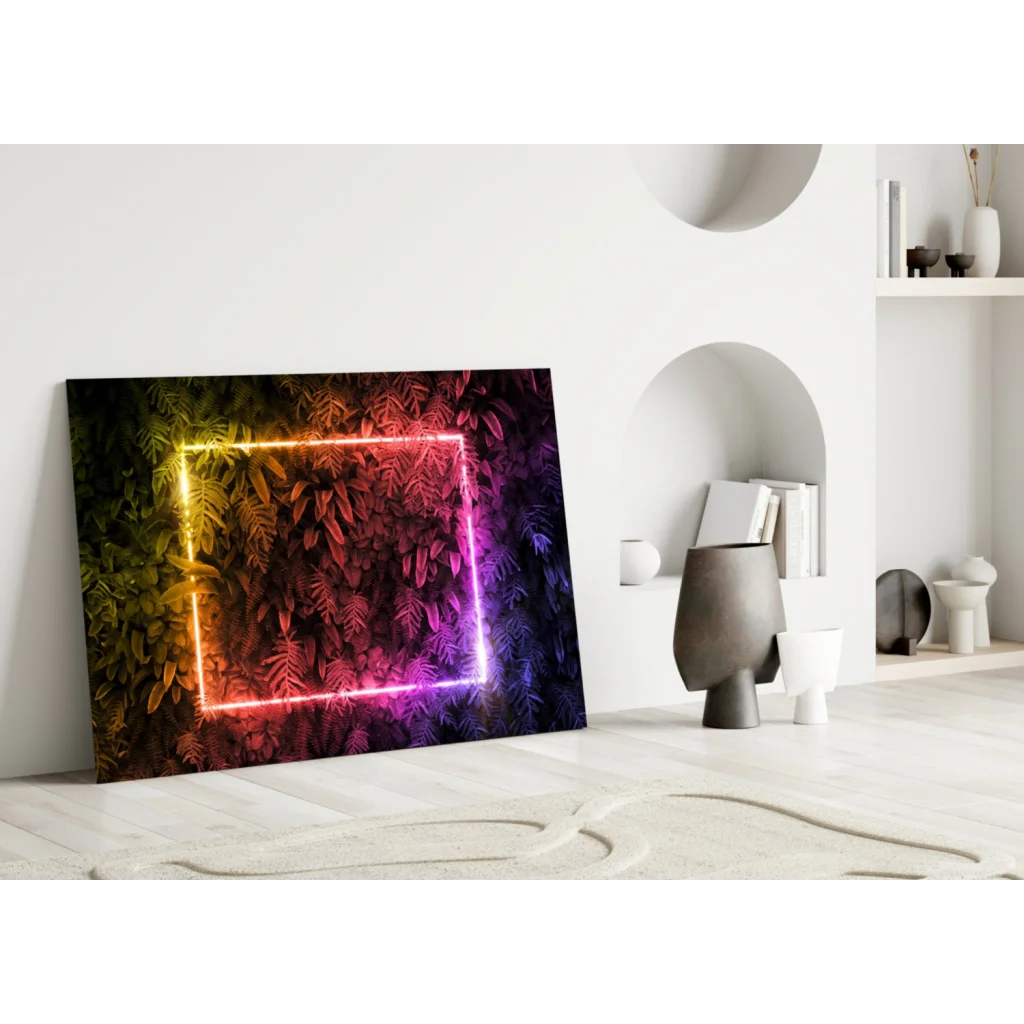 Neon rainbow glow glass wall art with tropical ferns