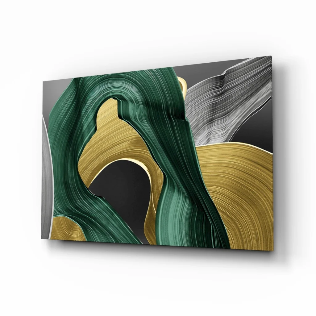 Modern green gold swirl canvas wall art with flowing abstract brushstrokes