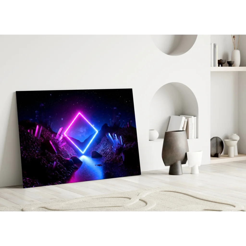 Vibrant neon portal tempered glass wall art with cosmic crystals