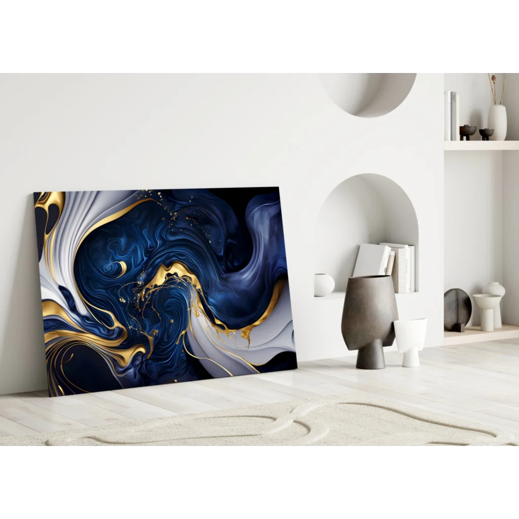 Modern Navy Blue Gold Swirl Abstract Canvas Wall Art