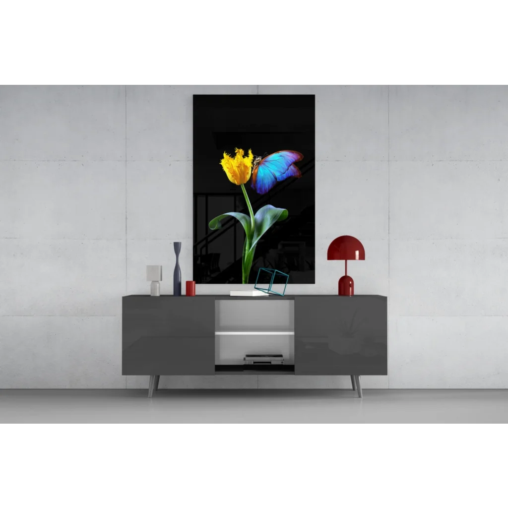 Vibrant yellow tulip with blue purple butterfly on glass wall art canvas