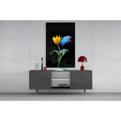 Vibrant yellow tulip with blue purple butterfly on glass wall art canvas