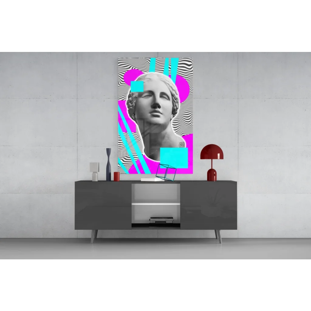 Vibrant pop art marble bust glass wall art with neon geometric design
