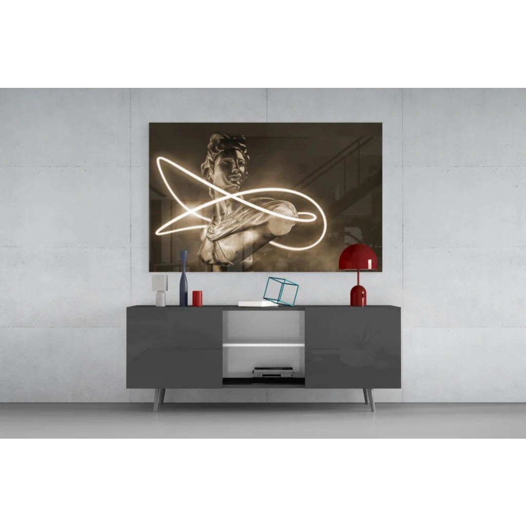 Modern glowing neon classical statue black-and-white canvas wall art