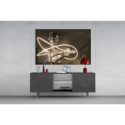 Modern glowing neon classical statue black-and-white canvas wall art