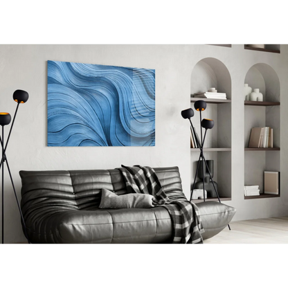 Blue wave abstract canvas wall art hanging on modern wall