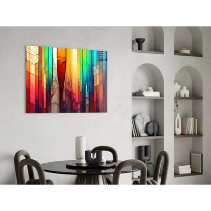 Vibrant rainbow stained glass wall art canvas with geometric stripes