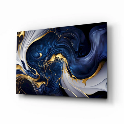 Modern navy blue gold swirl abstract canvas wall art on black background