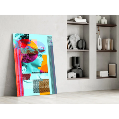 Vibrant teal classical bust glass wall art with bold red, purple, orange geometry