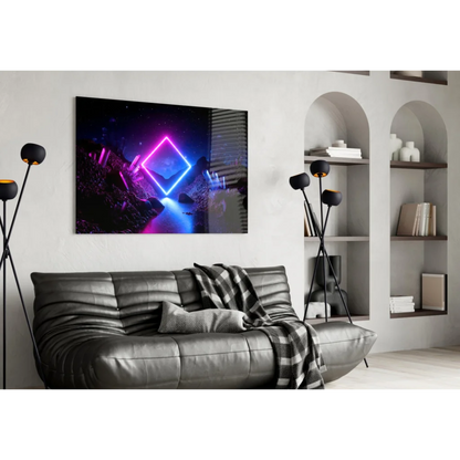 Neon Portal tempered glass wall art with glowing pink blue diamond