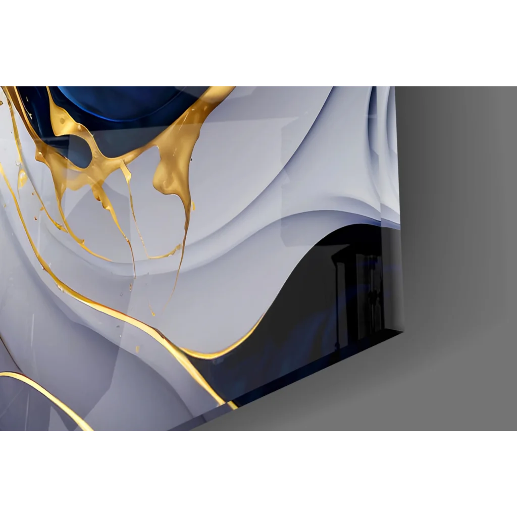 Abstract navy blue gold swirl wall art with flowing waves and glossy drips