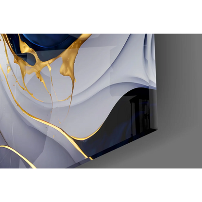 Abstract navy blue gold swirl wall art with flowing waves and glossy drips