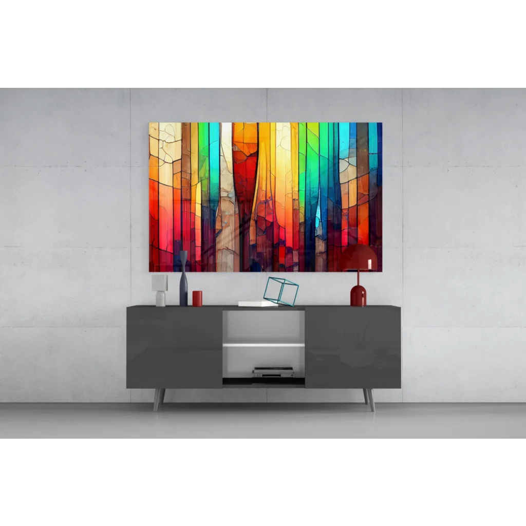 Vibrant rainbow stained glass wall art canvas with textured stripes