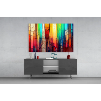 Vibrant rainbow stained glass wall art canvas with textured stripes