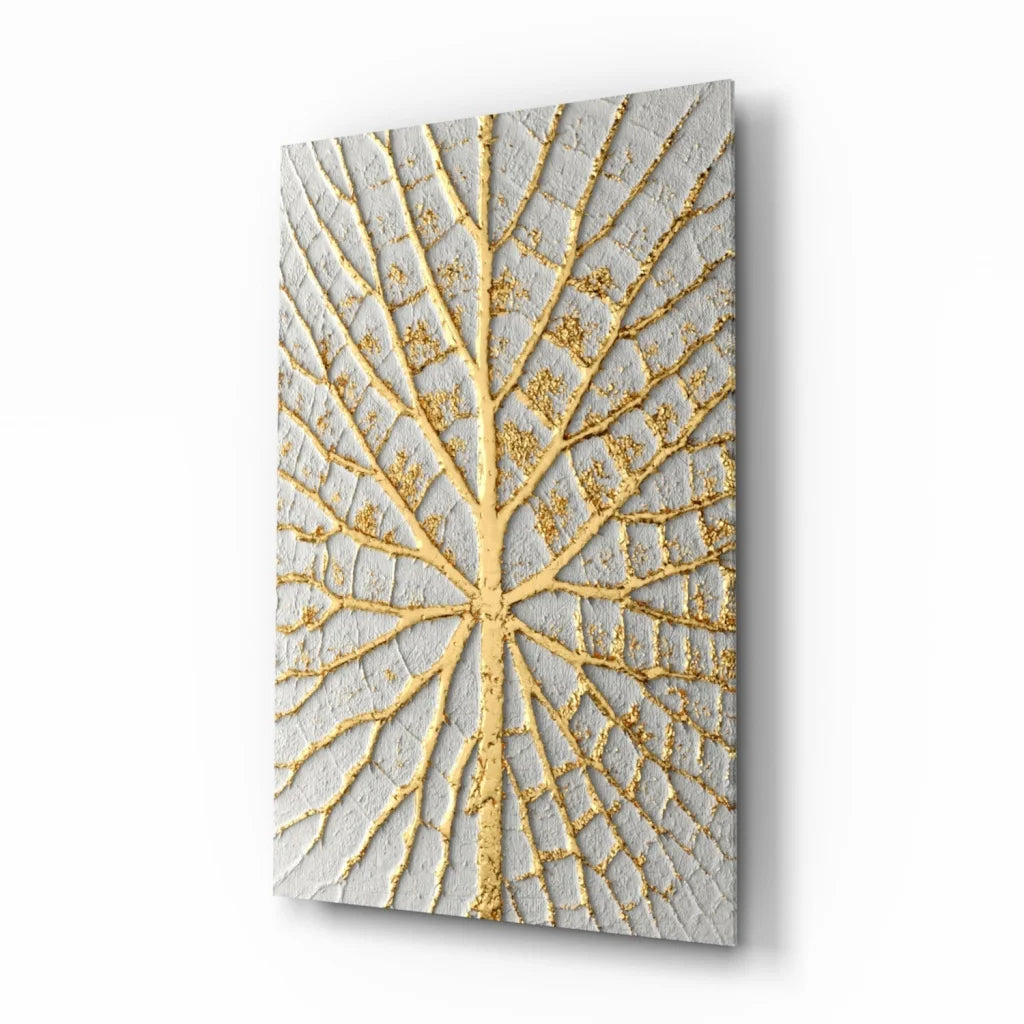 Golden Tree textured leaf wall art with raised gold veining on gray canvas