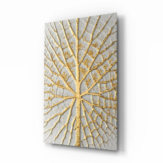Golden Tree textured leaf wall art with raised gold veining on gray canvas