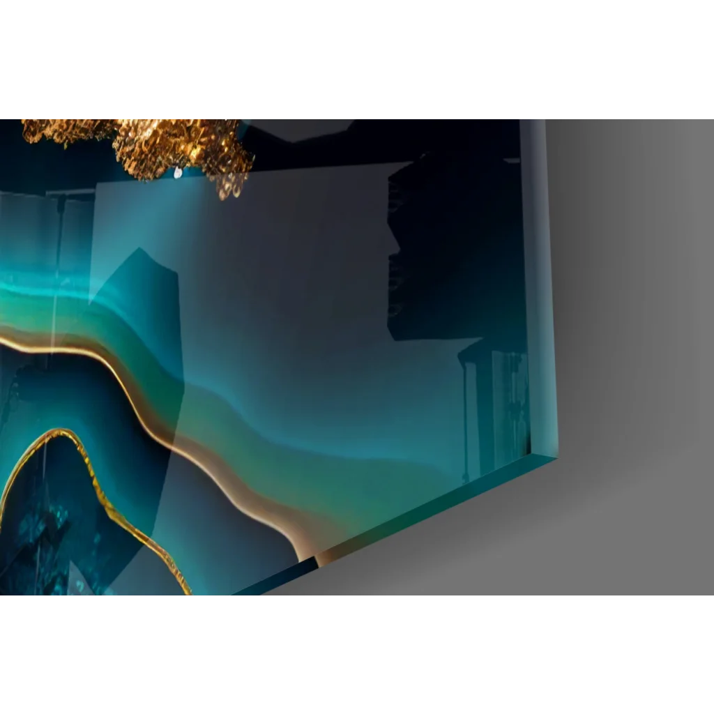 Teal and gold abstract glass wall art panel with flowing patterns