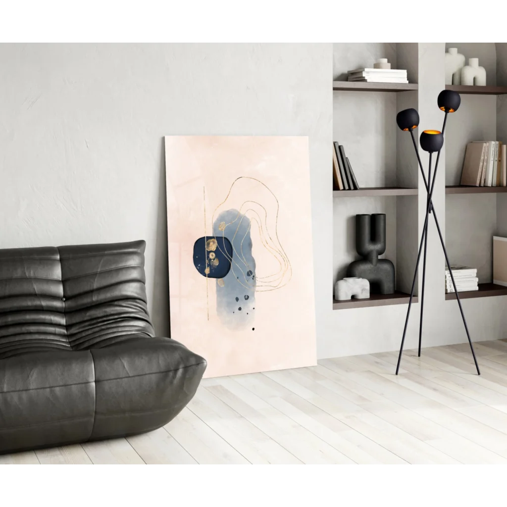Modern navy blue and gold abstract wall art canvas with beige accents