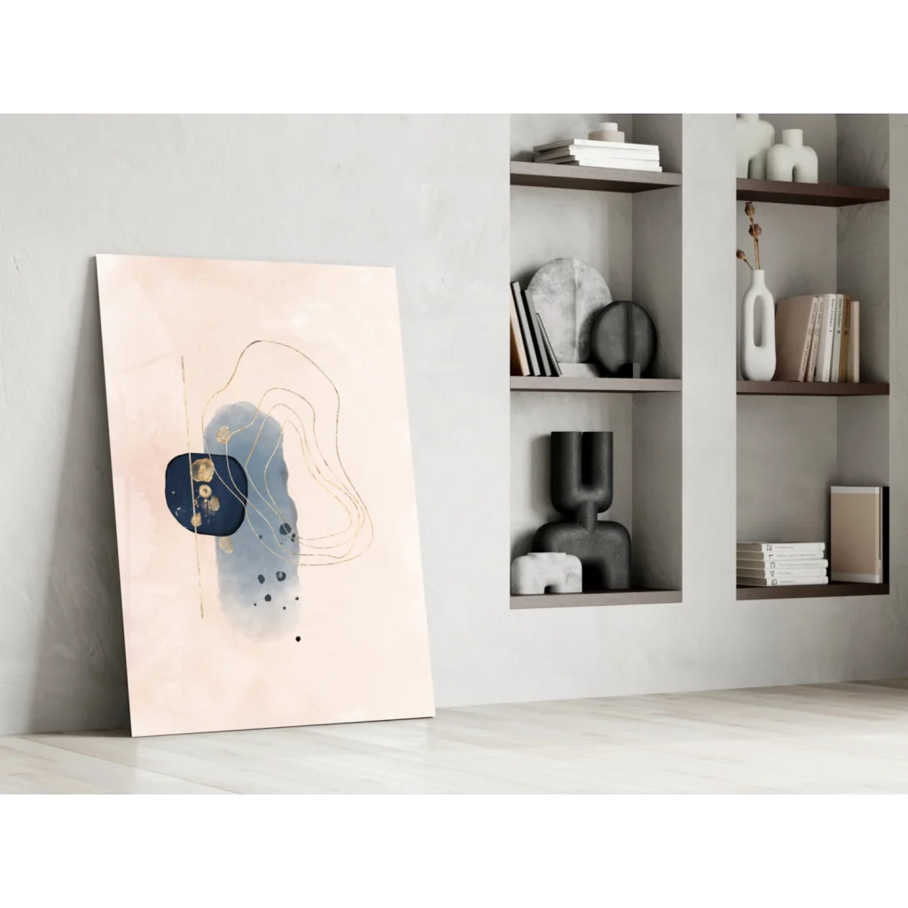 Modern navy blue and gold abstract canvas wall art with beige accents