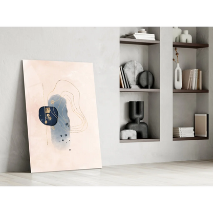 Modern navy blue and gold abstract canvas wall art with beige accents