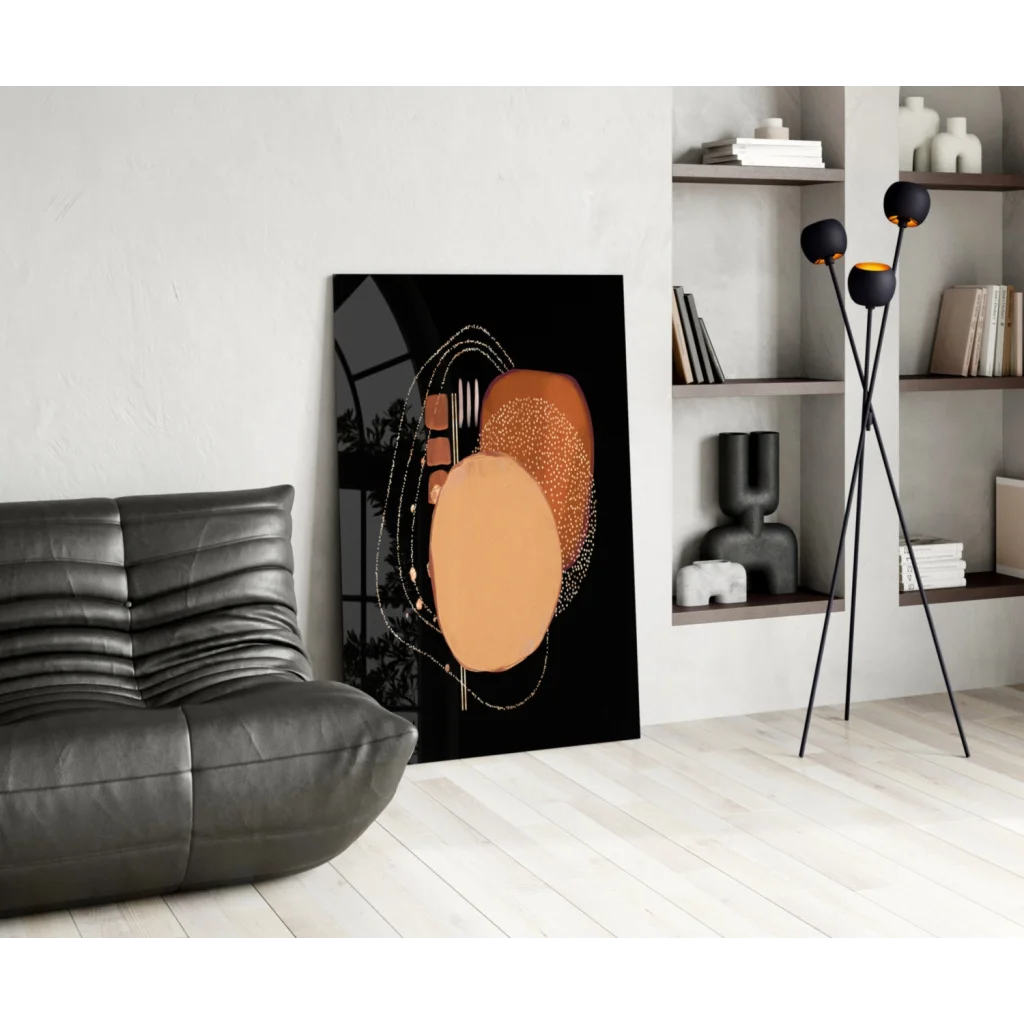 Stunning glass wall art with overlapping orange speckled circles