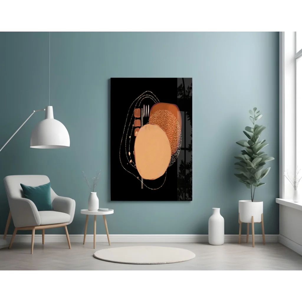 Stunning glass wall art with bold orange gold circles on black