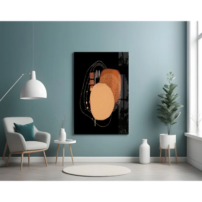 Stunning glass wall art with bold orange gold circles on black