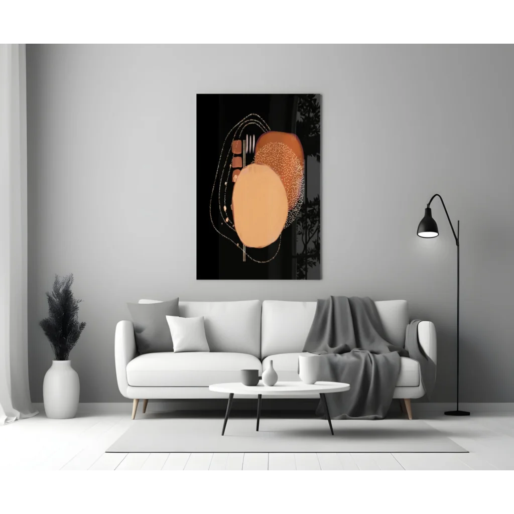 Stunning abstract glass wall art with bold orange black geometric shapes and glittery texture