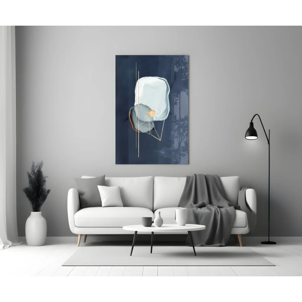 Translucent Blue Glass Wall Art with Gold Accents on Navy Canvas | Modern Wall Art Decor | vintageantiquesgifts.com
