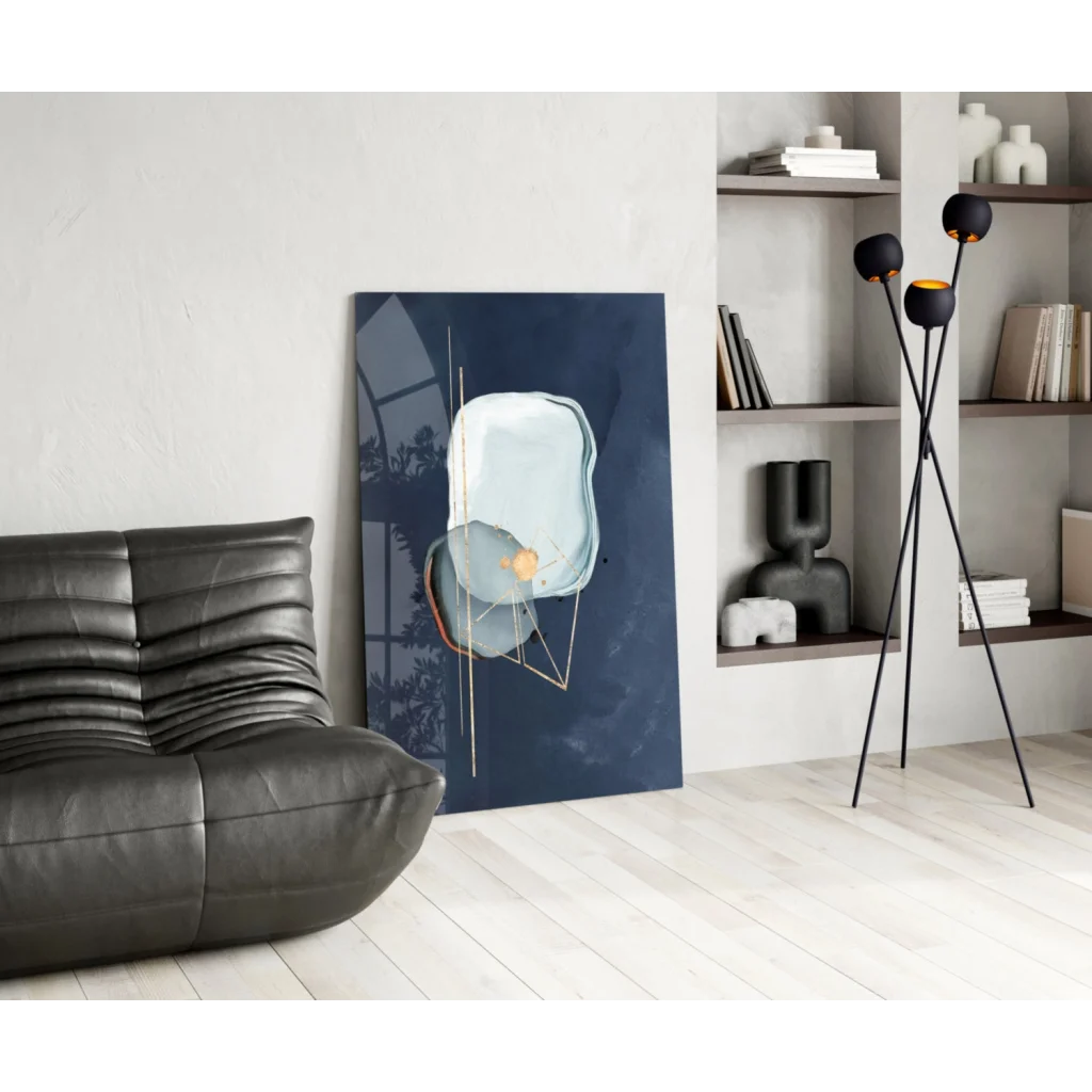 Abstract navy canvas glass wall art with translucent blue, gold accents
