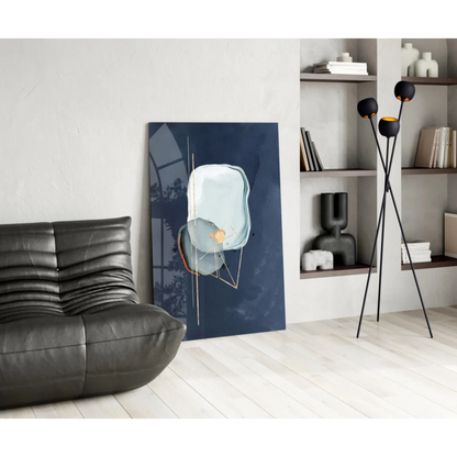 Abstract navy canvas glass wall art with translucent blue, gold accents