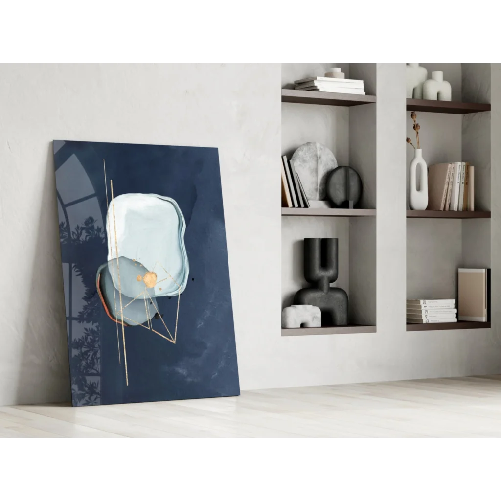 Modern translucent blue glass wall art with gold accents on navy canvas