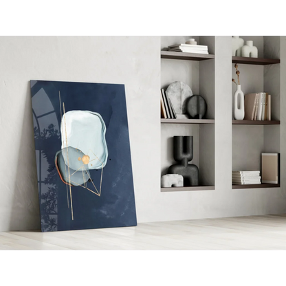 Modern translucent blue glass wall art with gold accents on navy canvas