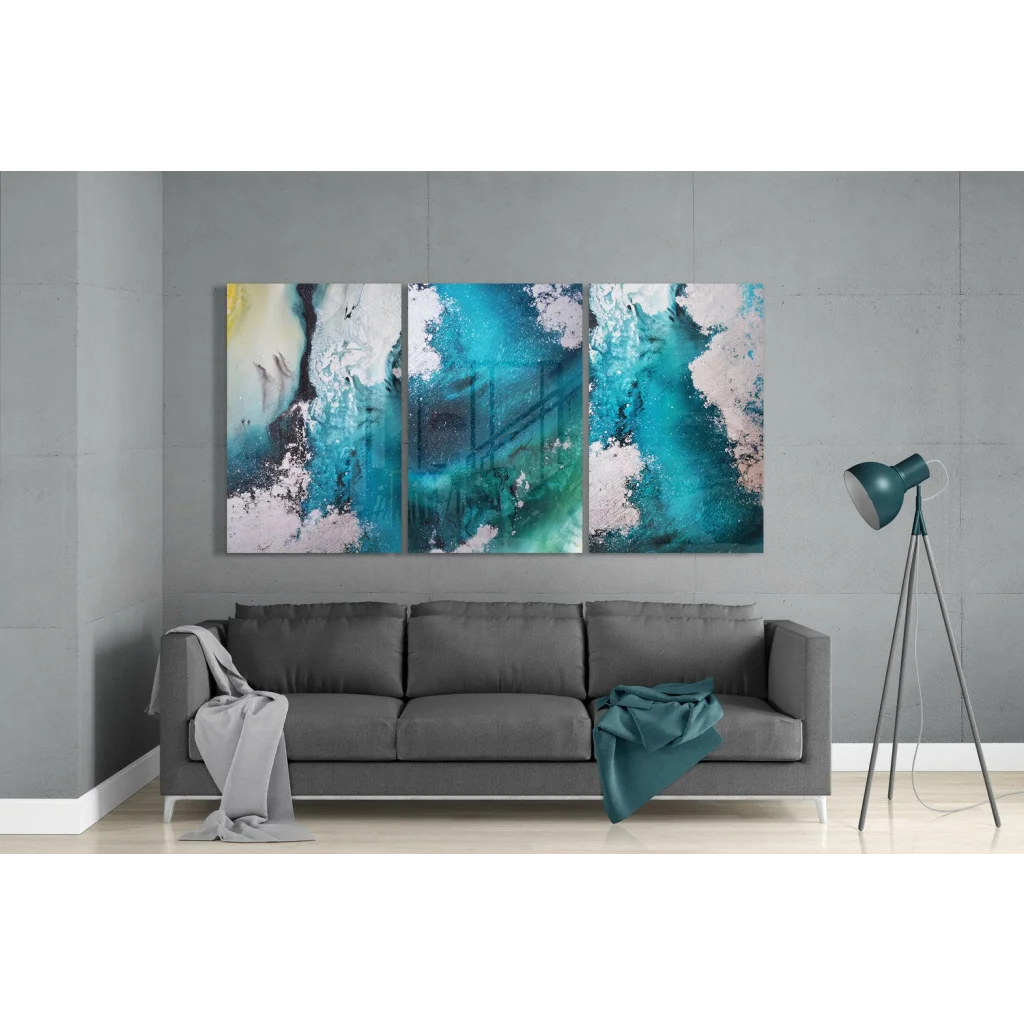 Turquoise Teal Abstract Canvas Wall Art Set of Three Panels | Modern Wall Art Decor | vintageantiquesgifts.com