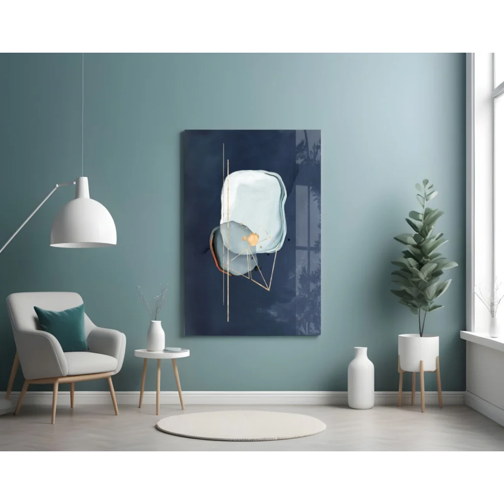 Translucent Blue Glass Wall Art with Gold Accents on Navy Canvas | Contemporary Home Wall Art | vintageantiquesgifts.com
