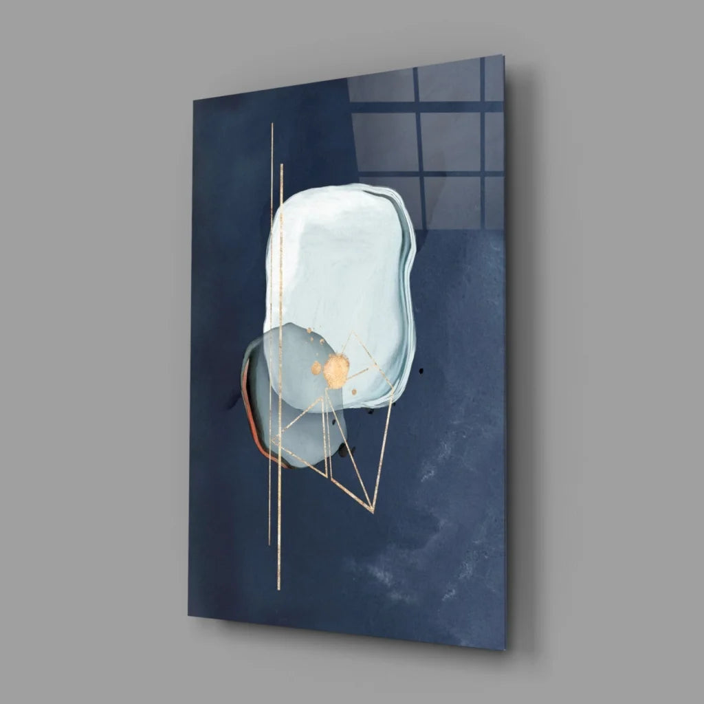 Translucent Blue Glass Wall Art with Gold Accents on Navy Canvas | Glass Wall Art Print | vintageantiquesgifts.com