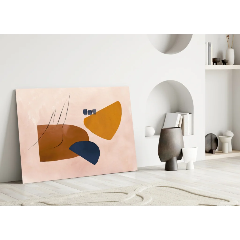 Modern geometric abstract canvas wall art in peach, navy, and mustard