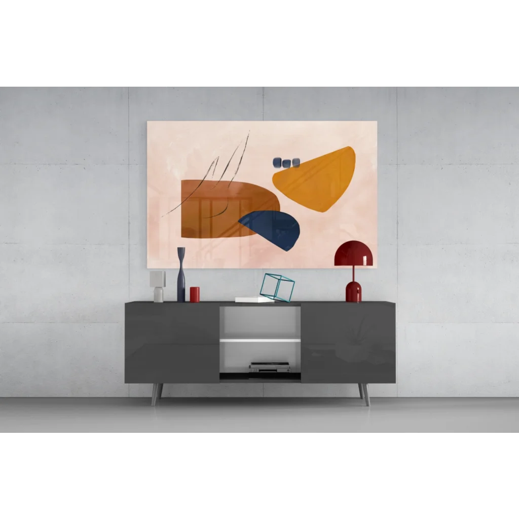Bold geometric abstract wall art canvas in peach, navy, and mustard tones