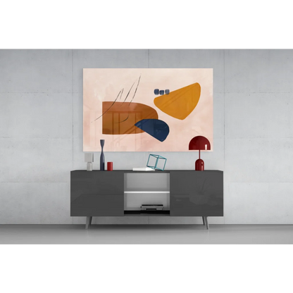 Bold geometric abstract wall art canvas in peach, navy, and mustard tones