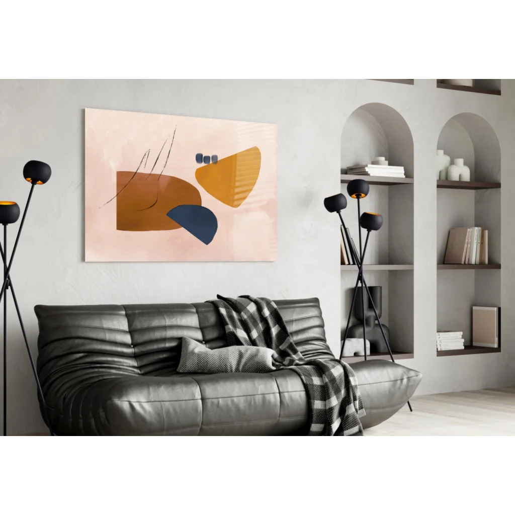 Modern geometric abstract canvas wall art in peach, navy, and mustard