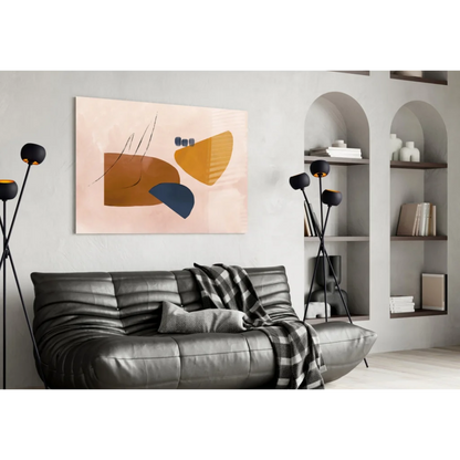 Modern geometric abstract canvas wall art in peach, navy, and mustard