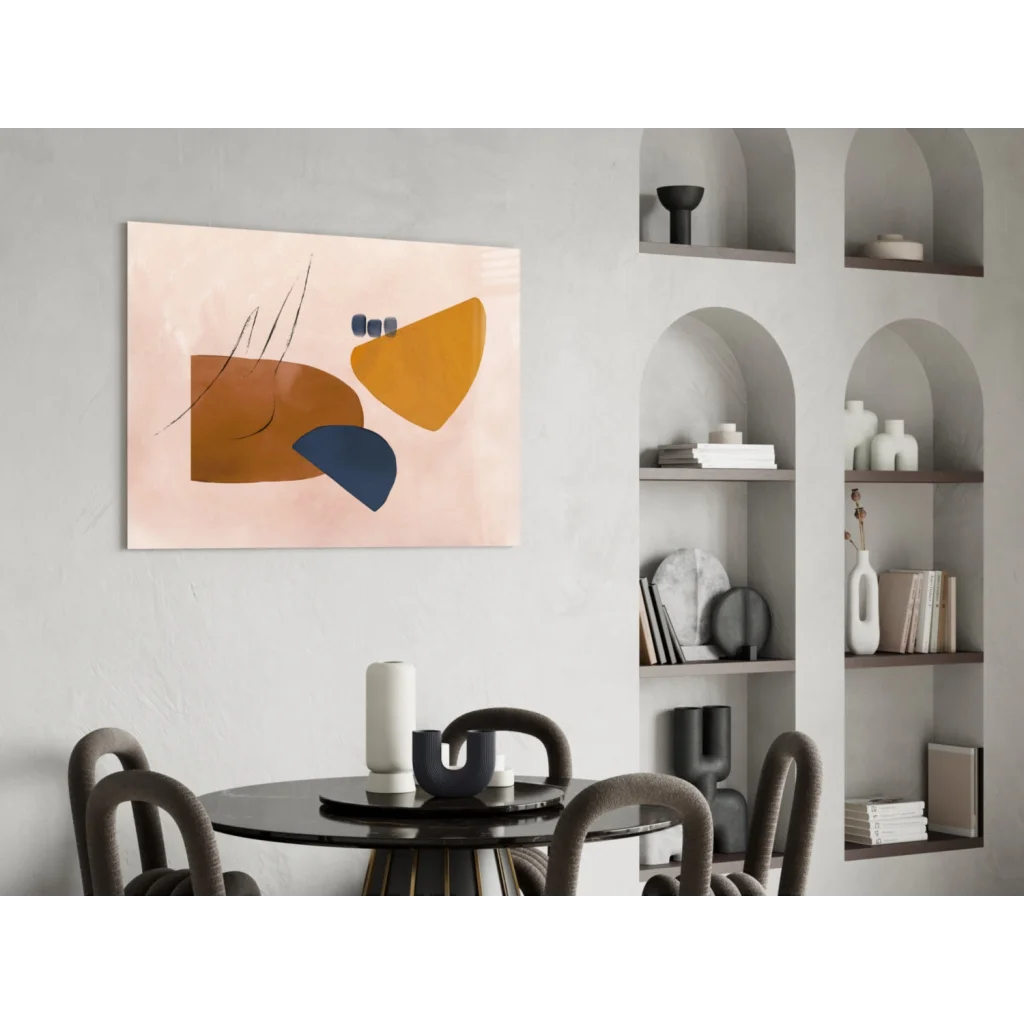 Modern geometric abstract wall art canvas in peach navy mustard tones