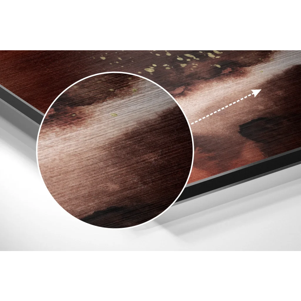 glass wall art Stunning brushed aluminium dibond art on dark brown wood with golden speckles