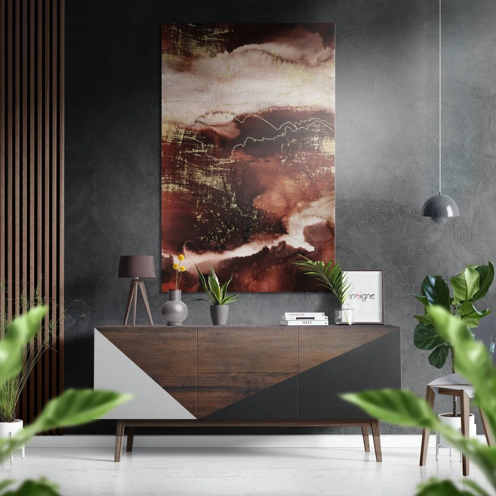 Brushed aluminium dibond abstract art print with swirling maroon, beige, gold hues
