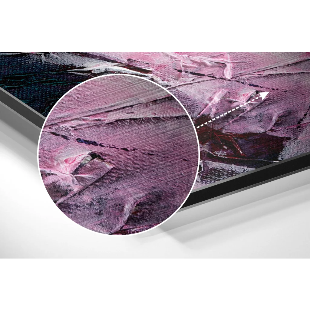 glass wall art Close-up of purple pink abstract art on brushed aluminium dibond