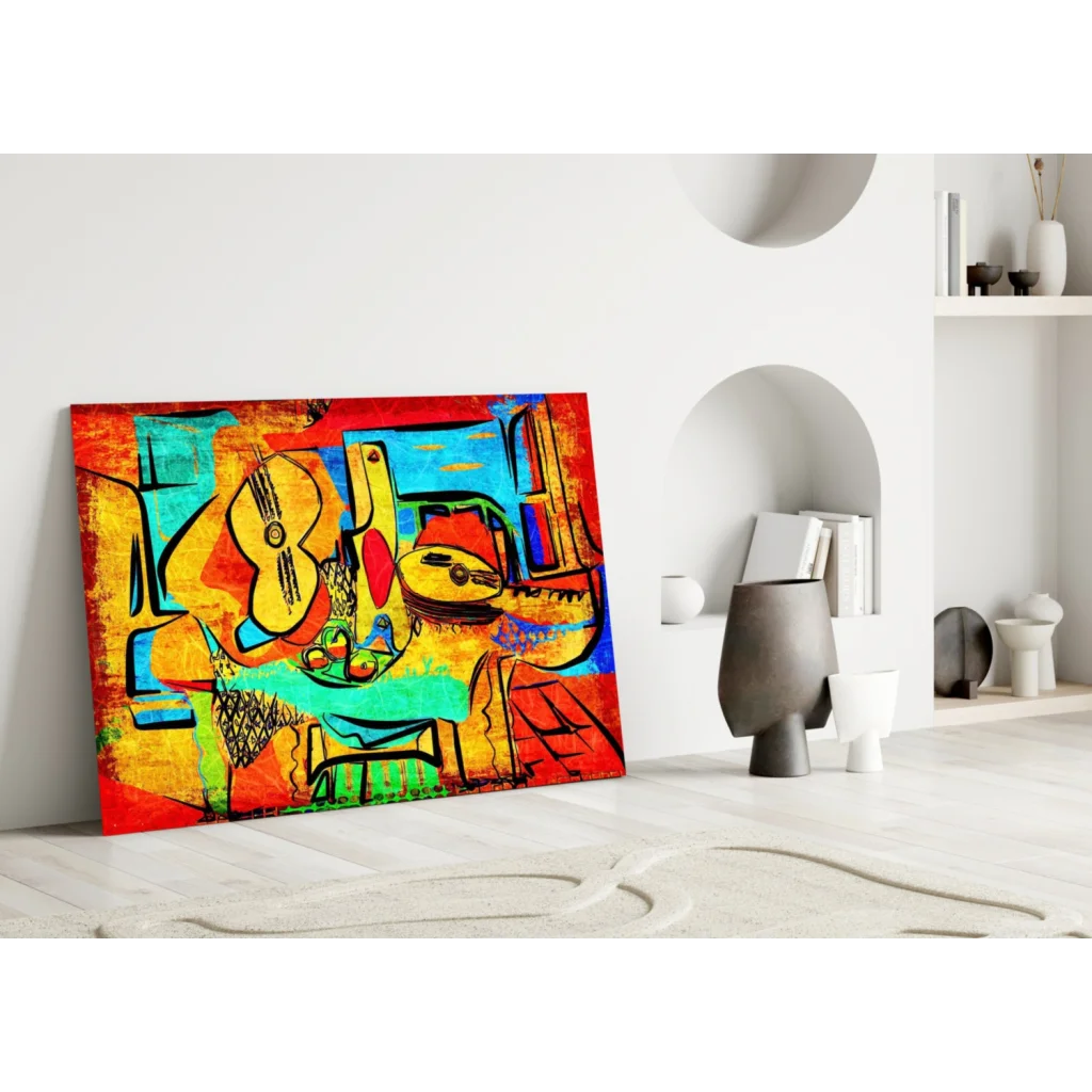 Vibrant glass wall art with abstract red, yellow, teal guitar and bottle motifs