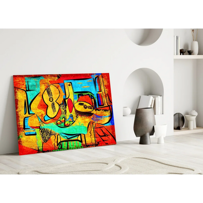 Vibrant glass wall art with abstract red, yellow, teal guitar and bottle motifs