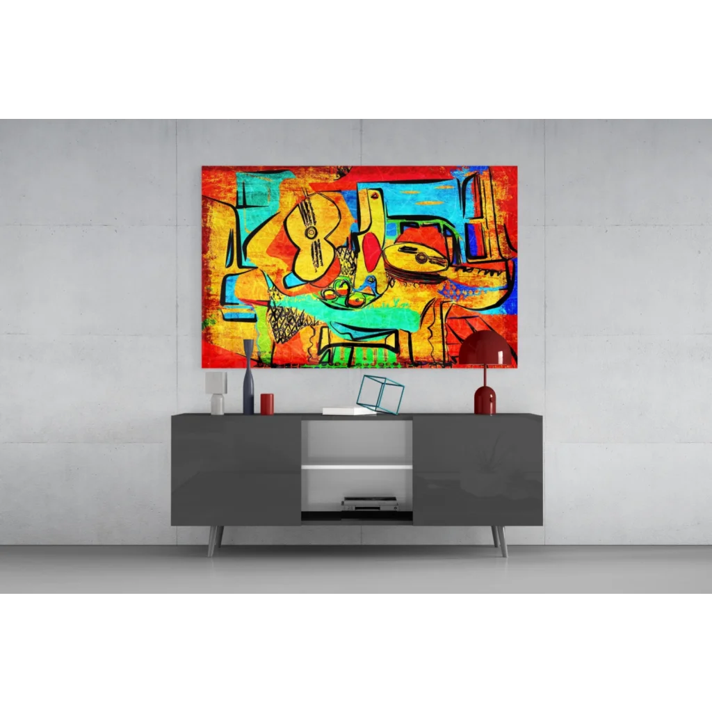 Vibrant glass wall art of abstract musical instruments in bold colors