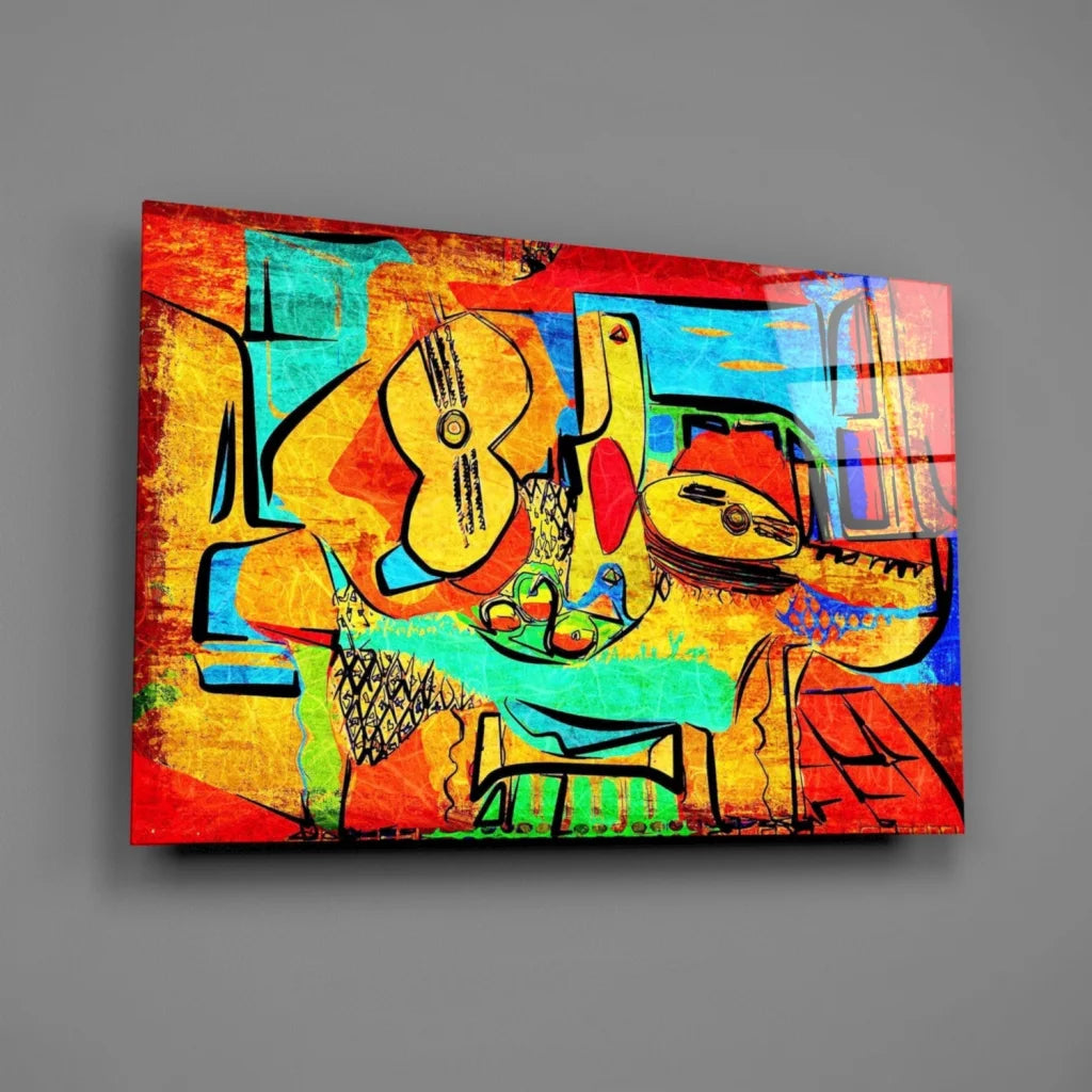 Vibrant glass wall art with bold geometric shapes and musical instruments