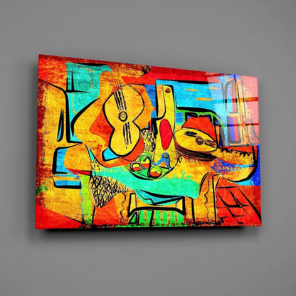 Vibrant glass wall art with bold geometric shapes and musical instruments